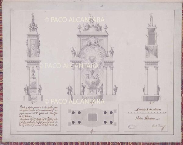 Planta y alzados de los diseños para una custodia dedicada al santísimo Sacramento (1795).